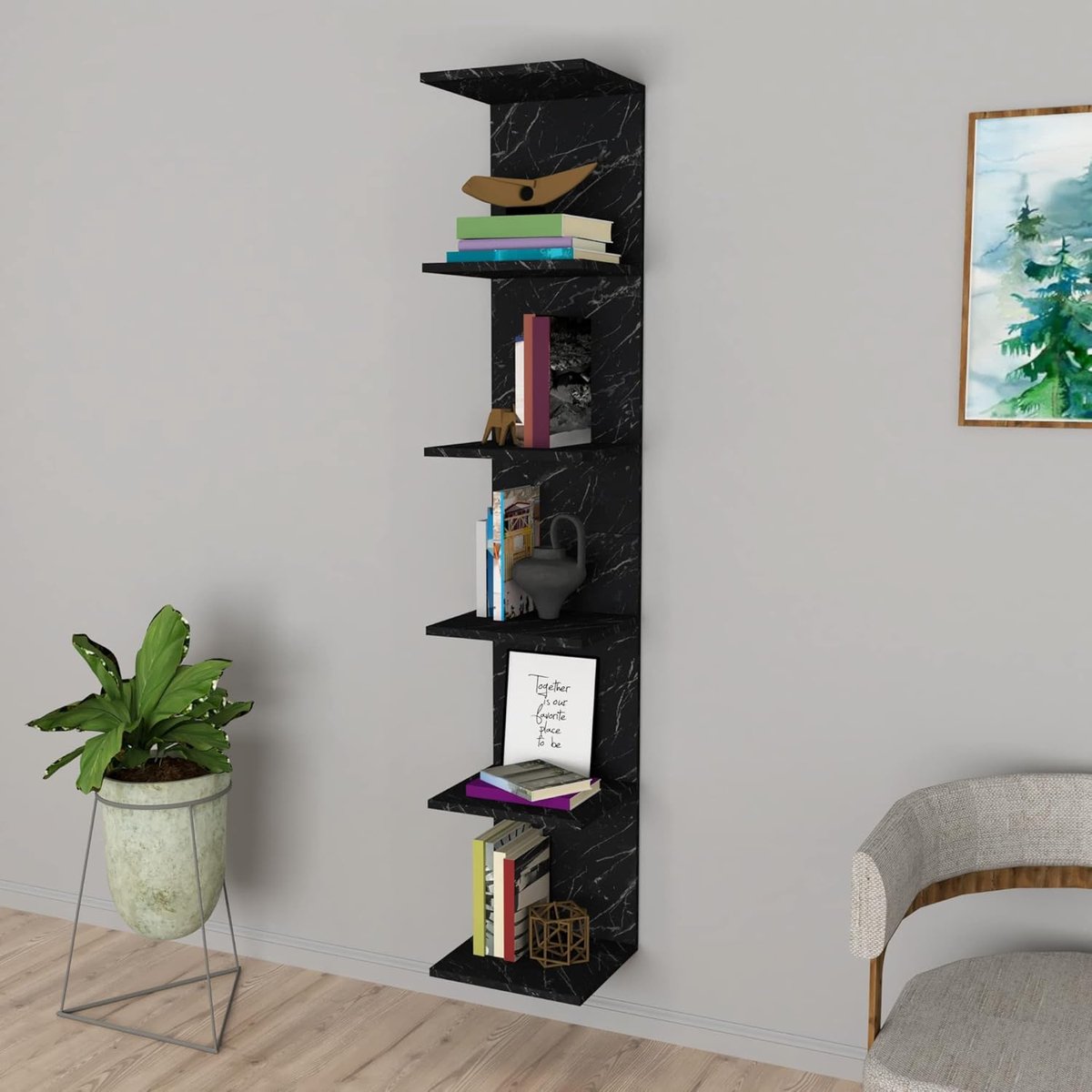 Wandrek met 6 planken - modern opbergrek 180x35x30 cm marmerlook zwart