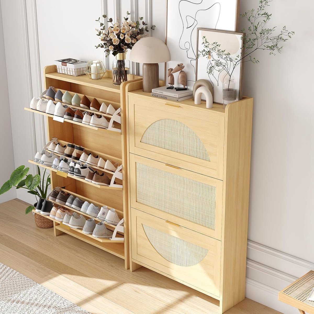 Schoenenkast - Rieten schoenenkast - Drie verdiepingen tellende staande schoenenkast - Klaplade en anti-kantelontwerp - Biedt plaats aan 15-20 paar schoenen voor in de kast -133×80×24 cm