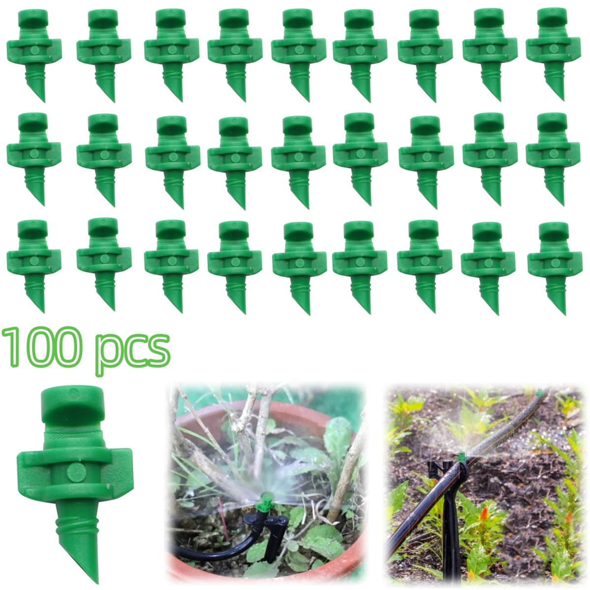 100 stuks druppelirrigatiesproeiers - miniatuursproeiers - plantirrigatiesystemen sproeiers - fruitbomen irrigatieaccessoires - verstuivingssproeiers - 180° refractie - voor het irrigeren van landbouwgrond, gazons, tuinen (2,1*1,3 cm - groen)