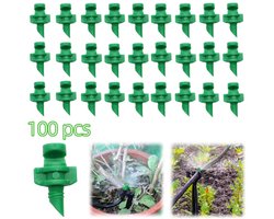 100 stuks druppelirrigatiesproeiers - miniatuursproeiers - plantirrigatiesystemen sproeiers - fruitbomen irrigatieaccessoires - verstuivingssproeiers - 180° refractie - voor het irrigeren van landbouwgrond, gazons, tuinen (2,1*1,3 cm - groen)