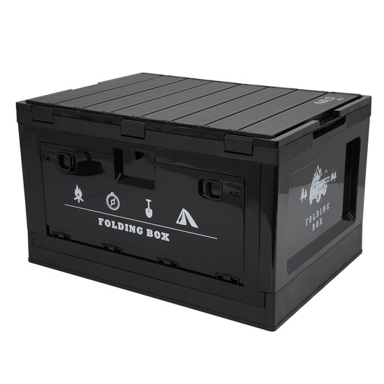 Zwarte NILS CAMP opbergbox met horizontale groeven op het deksel. Voorzien van 'FOLDING BOX' en kampeer pictogrammen.