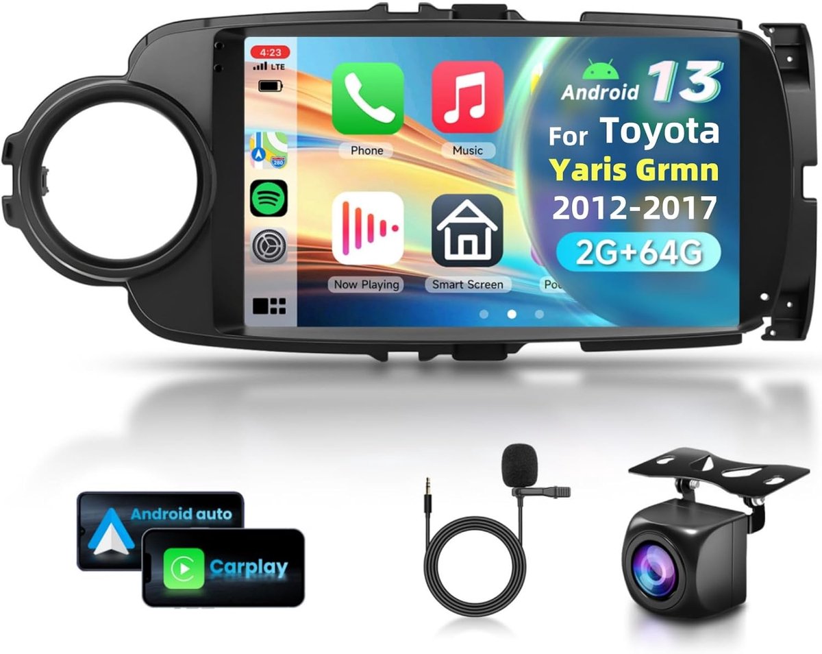 9 inch Android 13 Autoradio voor Toyota Yaris Grmn 2012-2017 met Draadloos CarPlay en Android Auto, DSP, 6GB RAM 128GB ROM, Navigatie Wi-Fi en AHD Achteruitkijkcamera