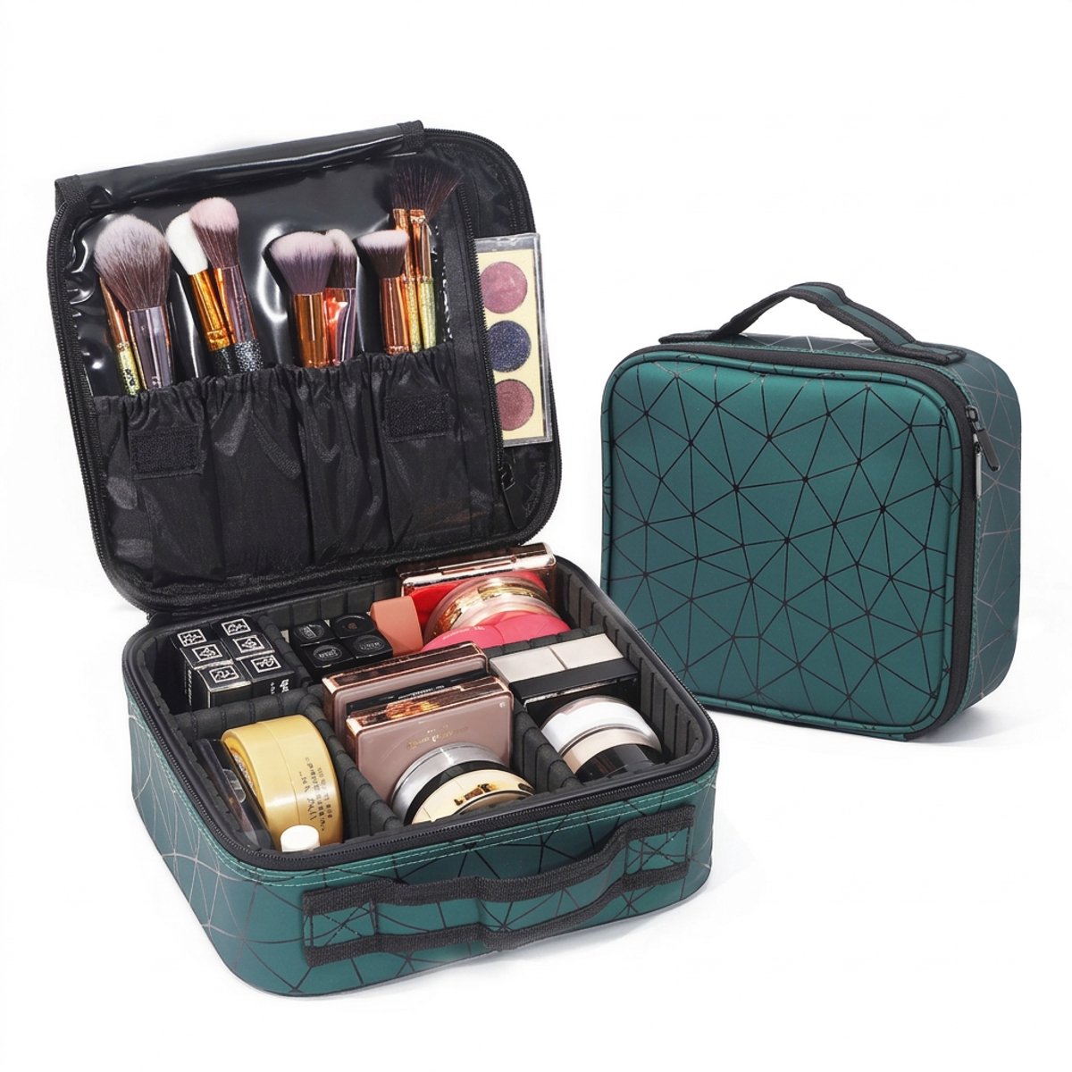 Hearyoo Toilettas Met Compartimenten – Make-up Organizer Met Kwastenvak – Grote Reistas – Groen