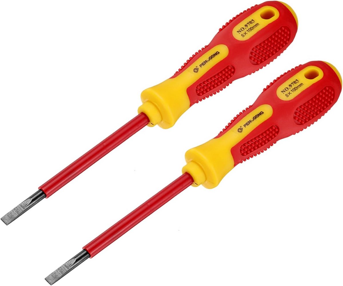 Geïsoleerde Elektrische Schroevendraaier 1000V – 5 mm x 100 mm – CR-V – Magnetische Platte Kop – Set van 2