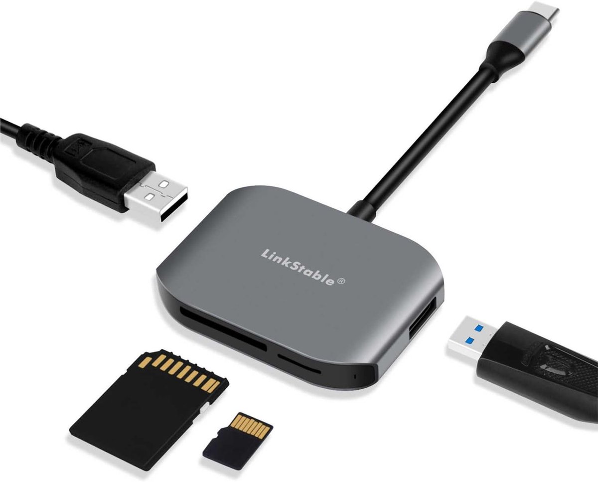 USB-C 4-in-1 kaartlezer SD microSD met 2-poorts USB 3.0 hub