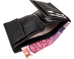 Unisex Portemonnee met Muntvak, RFID-Bescherming, Zwart met Donkerbruine Ondertonen - 100% Buffelleer