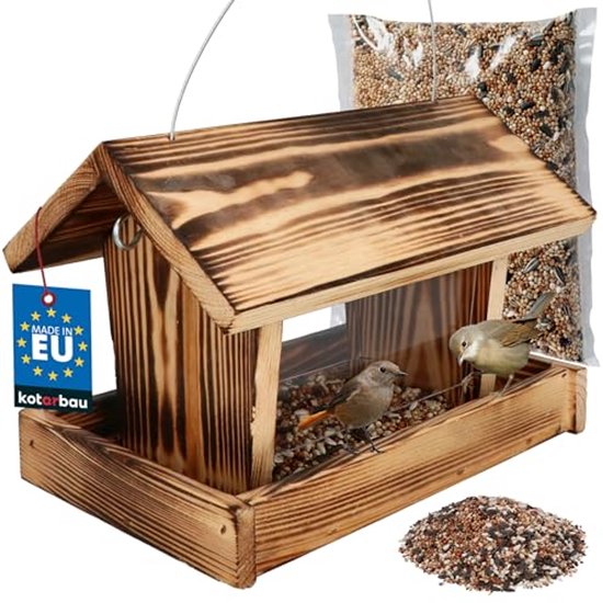 KOTARBAU® Mangeoire pour oiseaux à suspendre, Bois, 28x18x20 cm, Naturel, Avec parois latérales en verre acrylique, Incluant 0.5 kg de nourriture pour oiseaux, Mangeoire, Décoration de jardin pour balcon terrasse