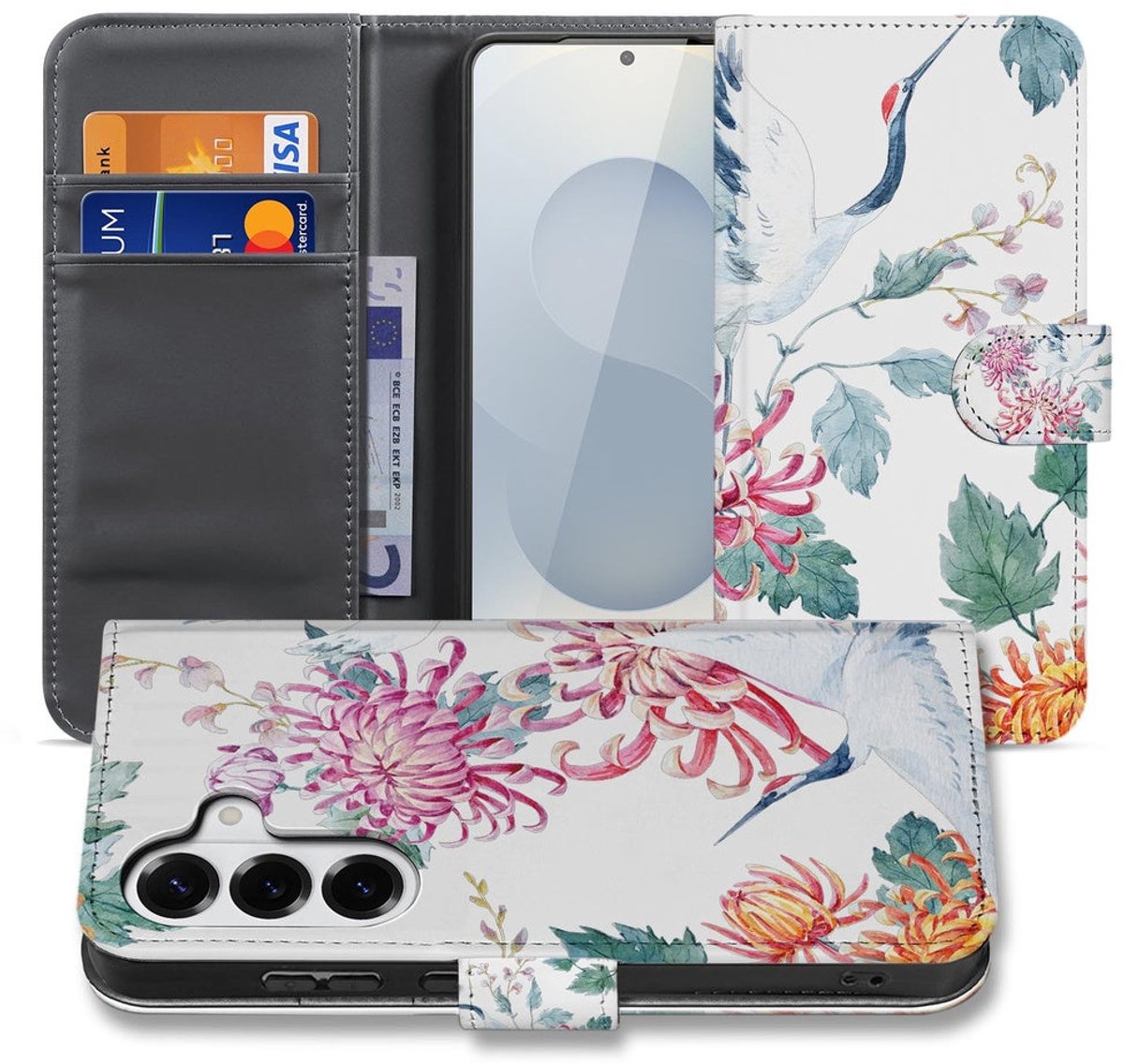 Samsung Galaxy S26 Bookcase Hoesje Met Pasjes Bird Flowers Print