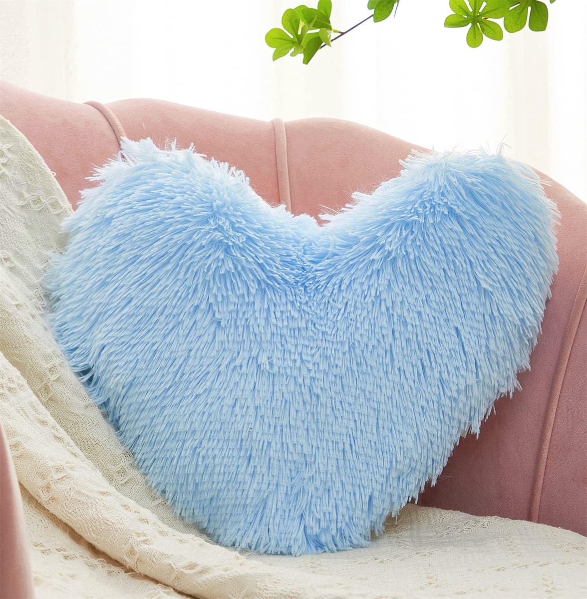 Hartkussen blauw - Pluizig sherpa kussen 40x40 cm voor bank en bed