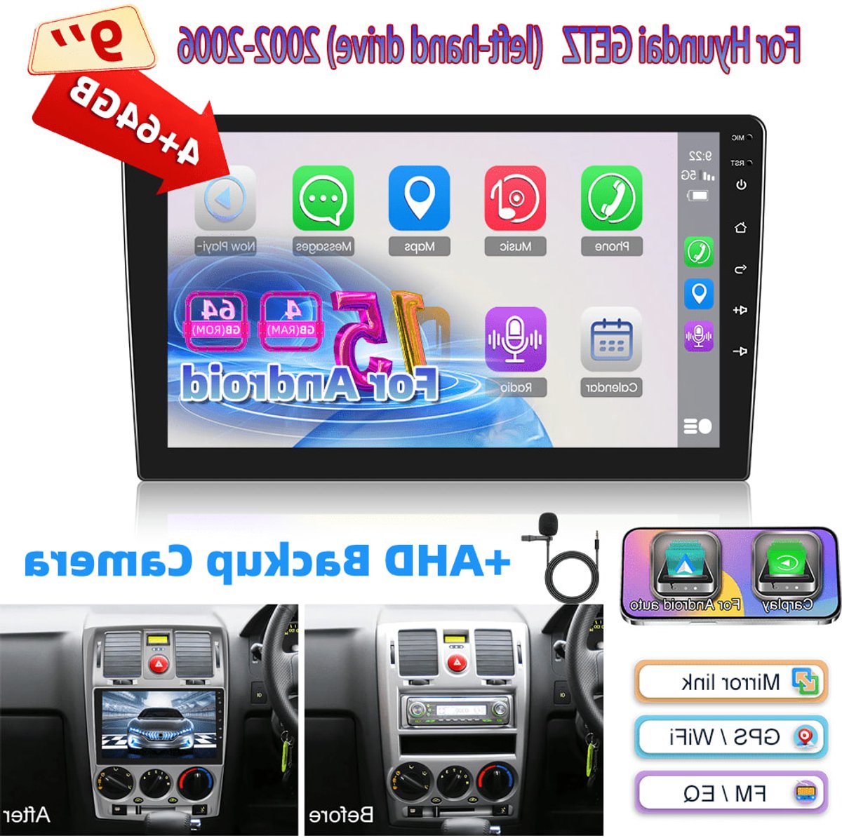 Autoradio Android 15 – Multimedia Systeem – Navigatie Unit – Infotainment Dashboard – Draadloze Carplay – 9-Inch 1280P IPS Touchscreen – AHD Achteruitrijcamera & Stuurwielbediening