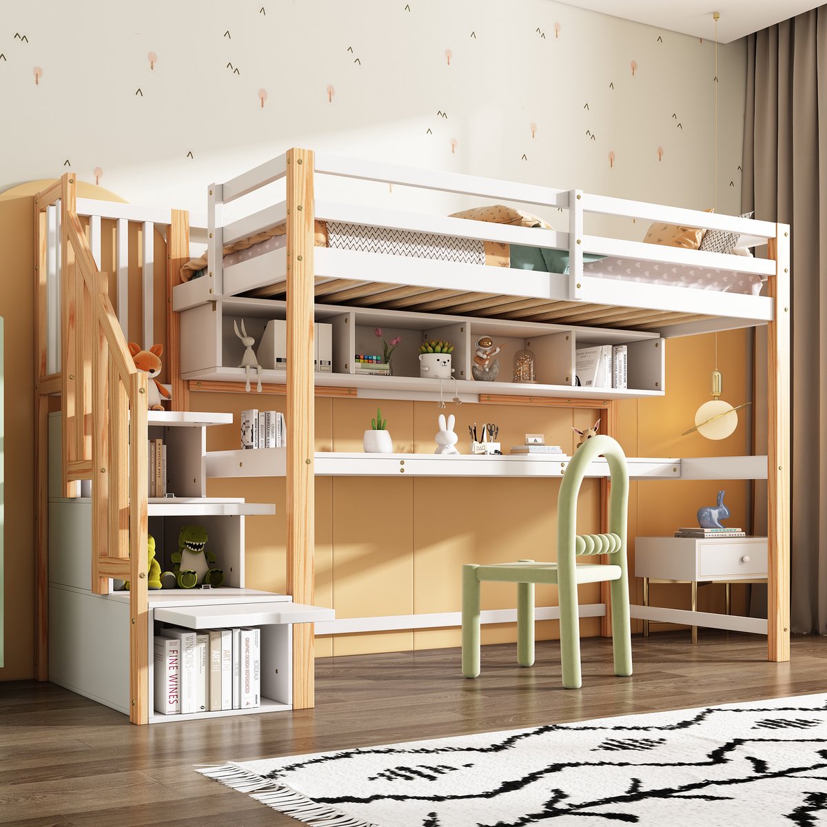 Wishdor Kinderhoogslaper 90x200 cm – Bureau, Boekenkast & Opbergtrap – Scandinavisch Wit‑Eiken Wit + eiken