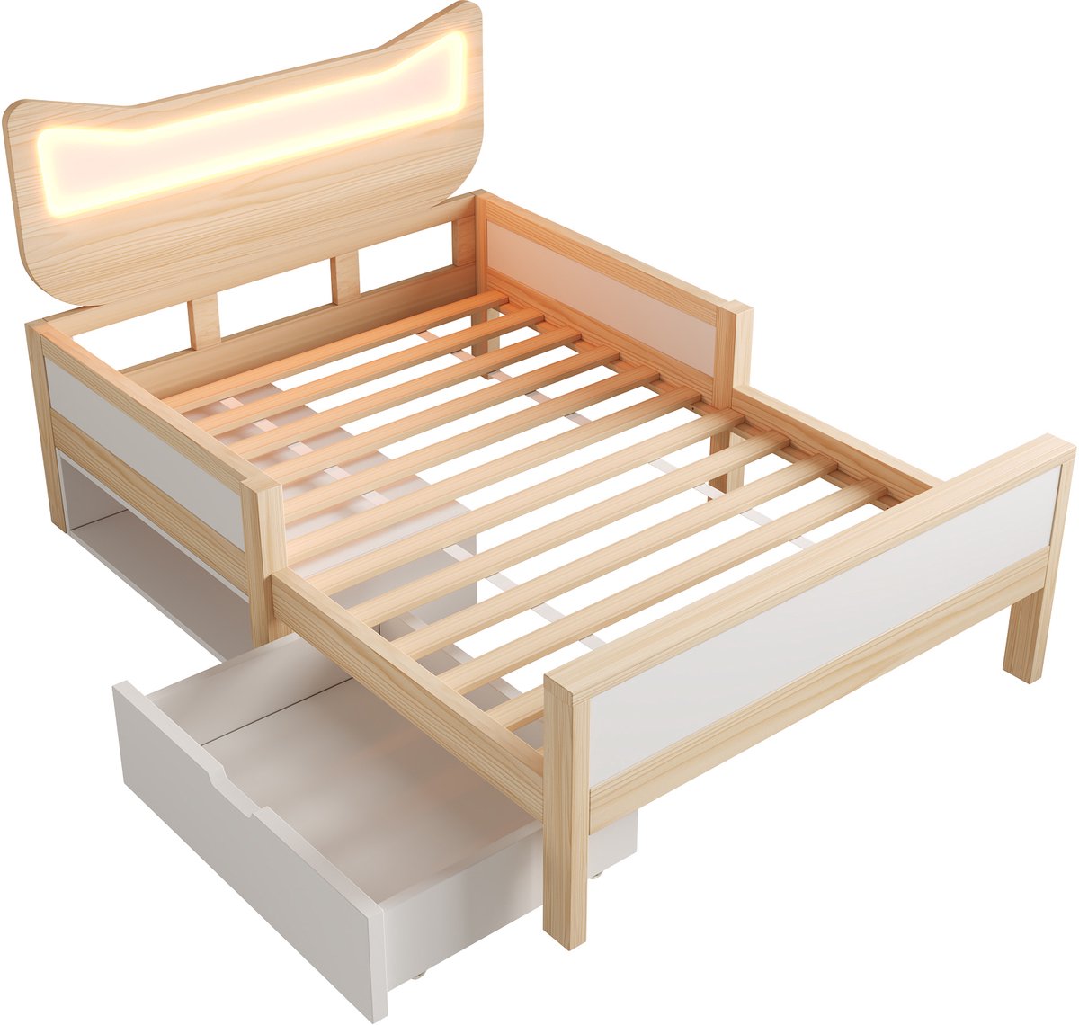 Wishdor Kinderbed 90x190 cm – Kattenhoofdbord & LED 60.000+ Kleuren – Opberglade & Vak – Hout Wit‑Eiken Eiken, wit