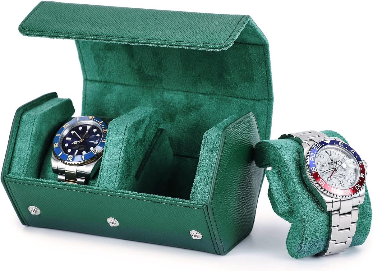 Hexagonale Echte Leren Horloge Doos - 2 Horloges - Opbergdoos - Beschermende Horloge Organizer - Groene Kleur