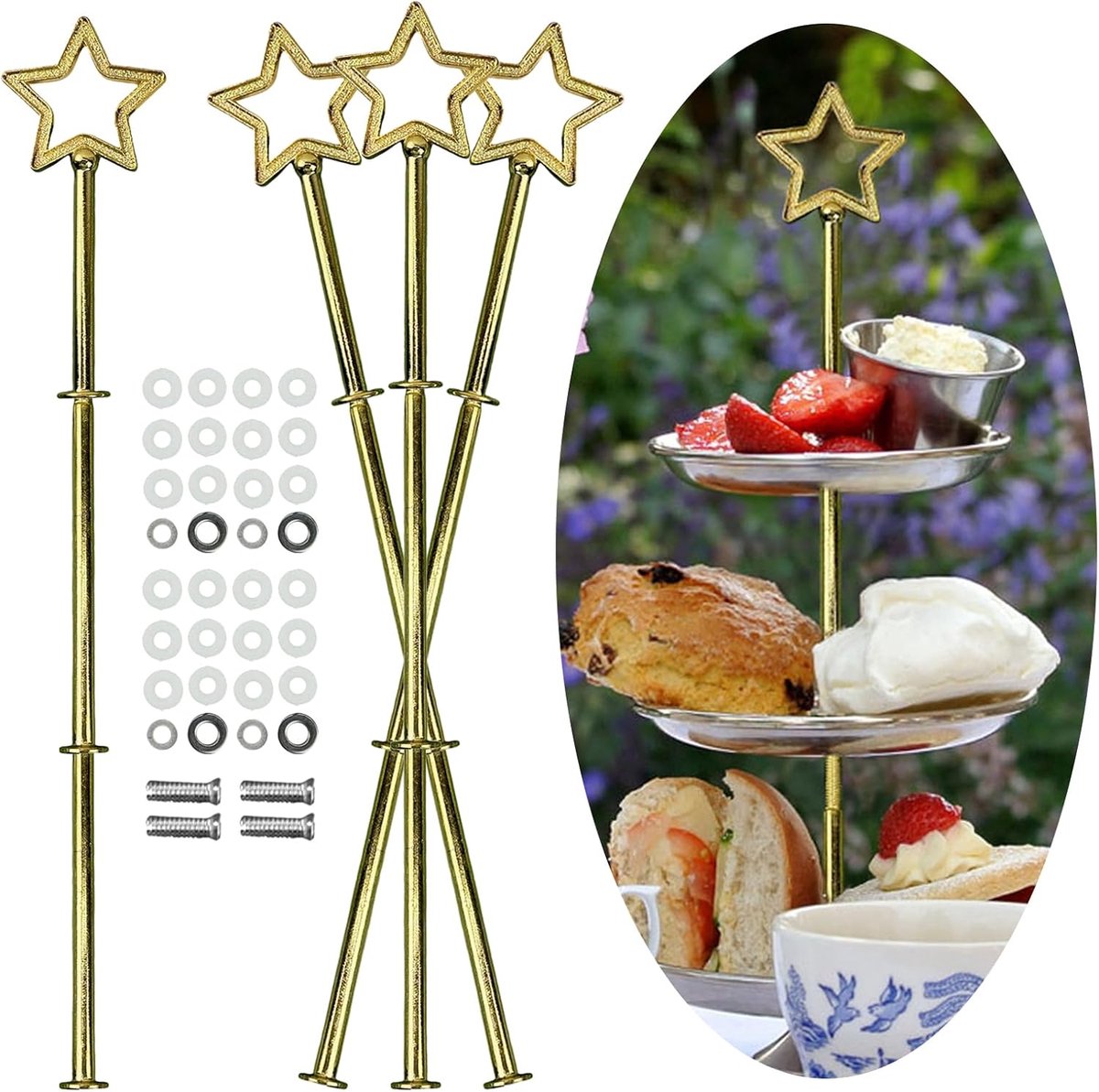 Set van 4 metalen taartplateaus met 3 etages voor taart en fruit