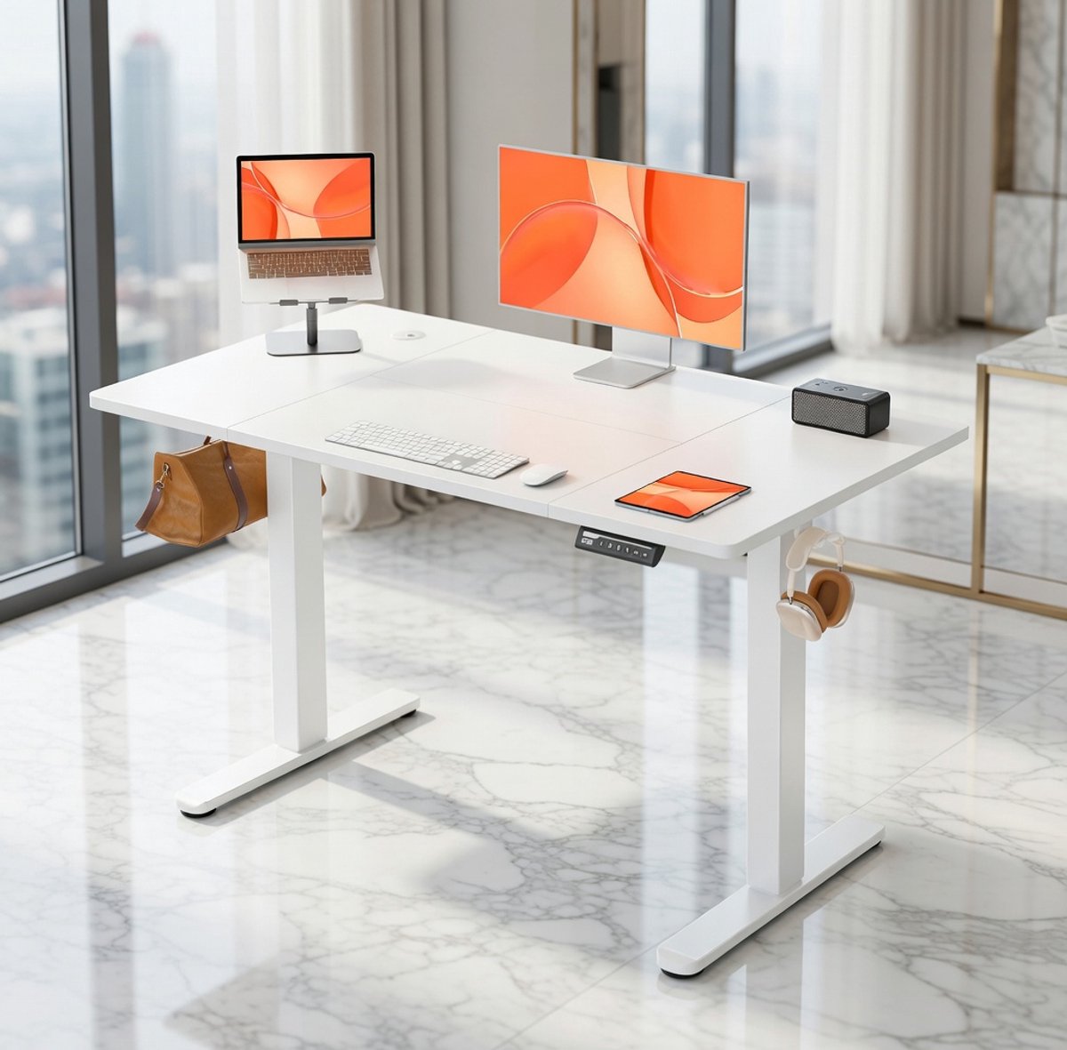 Elektrisch Zit-Sta Bureau - In Hoogte Verstelbaar 72-118 cm - Modern Wit Bureau - Ergonomisch, Stijlvol, Met Kabeldoorvoer - Perfect Voor Thuiswerk, Kantoor & Gamers,Casa Serena