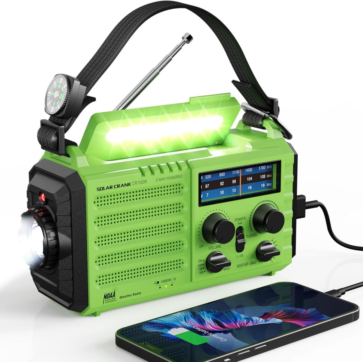 Noodweer Radio - Draagbare Ontvanger - Veiligheid Buiten - Vijf Energiebronnen - 17 x 9 x 7 cm - Groen