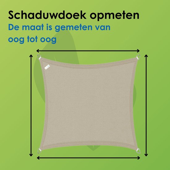 Afmeting van oog tot oog, getoond op een taupe vierkant schaduwdoek.