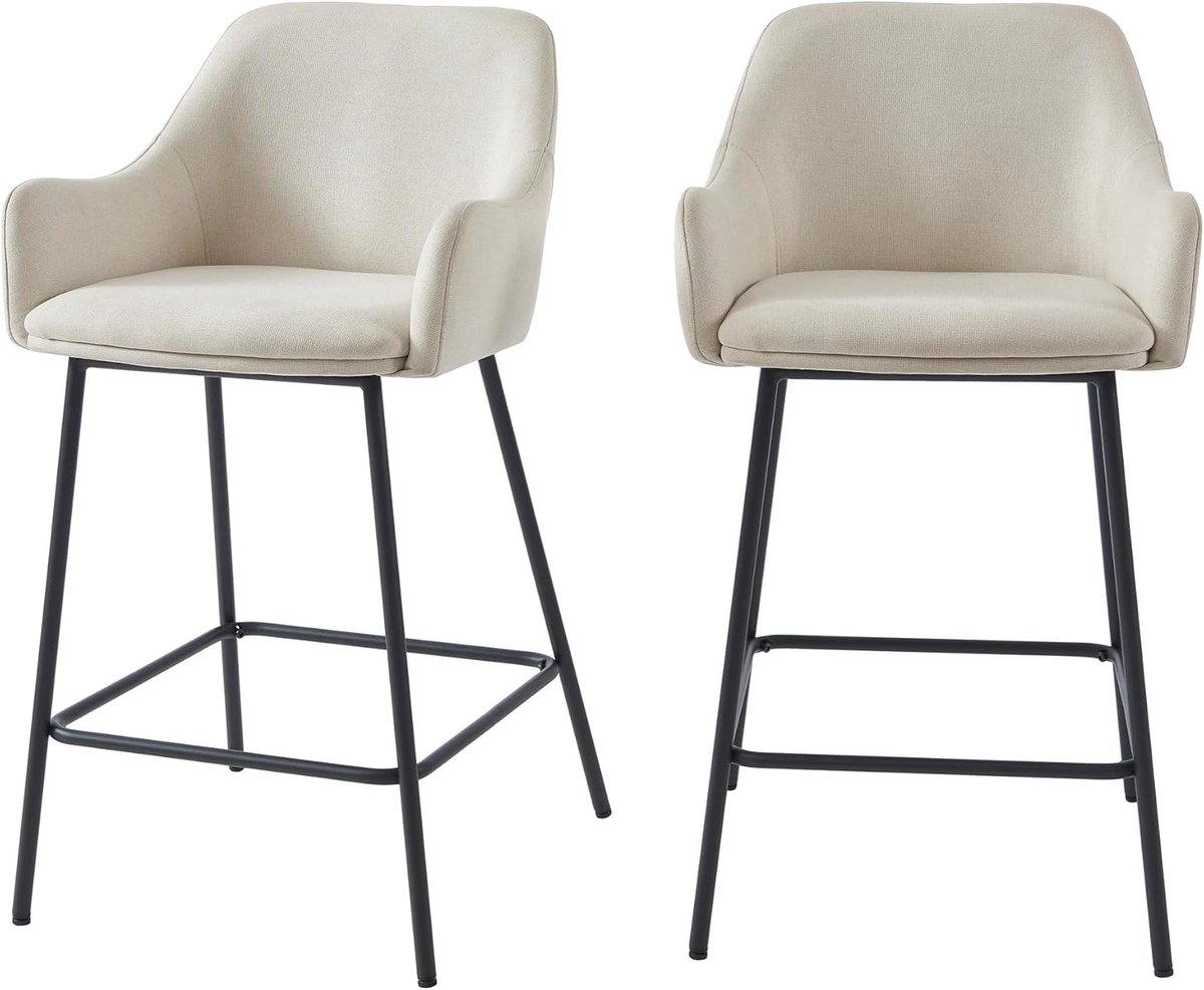 Set van 2 Barkrukken met Beige Stof en Zwarte Metalen Poten