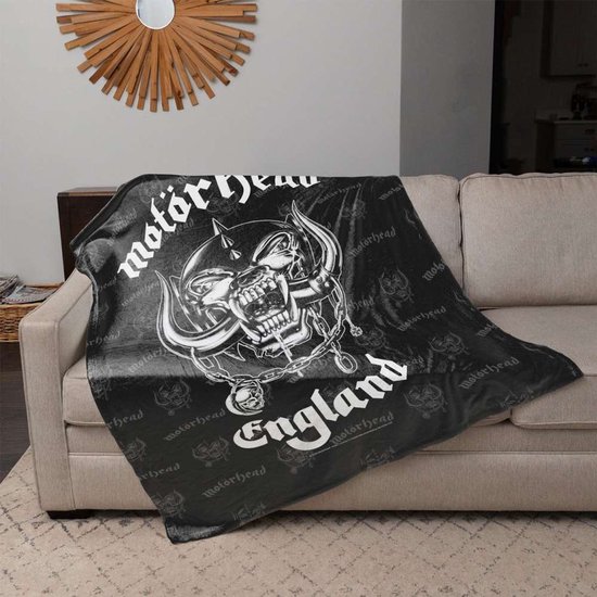 Zwarte deken met de Motörhead 'Snaggletooth'-logo's en de tekst 'England' in witte gotische letters.