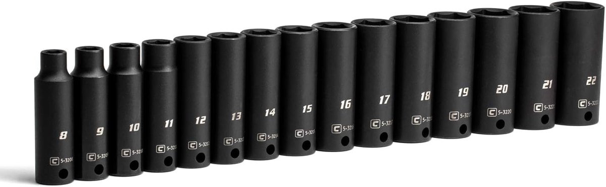 Capri Tools 9,5 mm Diepe dopsleutelset, metrisch (15-delig) - slagdoppen voor elektrisch gereedschap - 6-punts Wave Drive-ontwerp - 8-22 mm