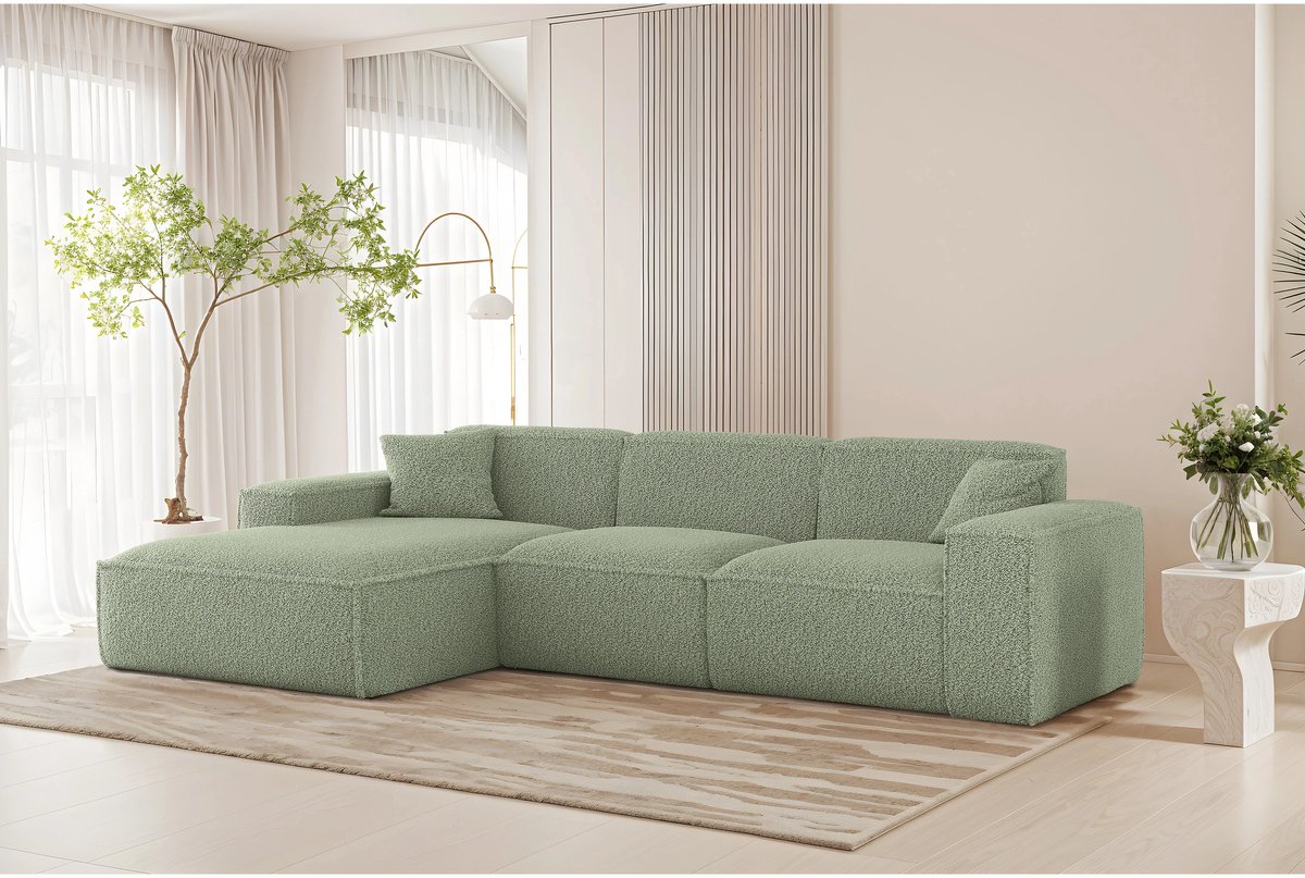 Hoekbank L-vorm Luga – Teddy Stof (Sven) – 268x169 cm – Pistachegroen – Bellavero