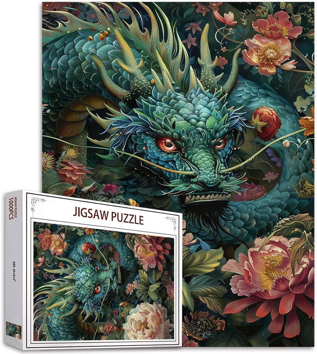 1000 stukjes legpuzzel voor volwassenen - Groene draak schilderij - Abstracte bloemen kunst - Uitdagende gezinsactiviteit en doe-het-zelf puzzel