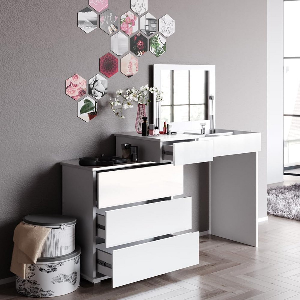 Moderne witte make-uptafel 117 cm met spiegel en opbergruimte