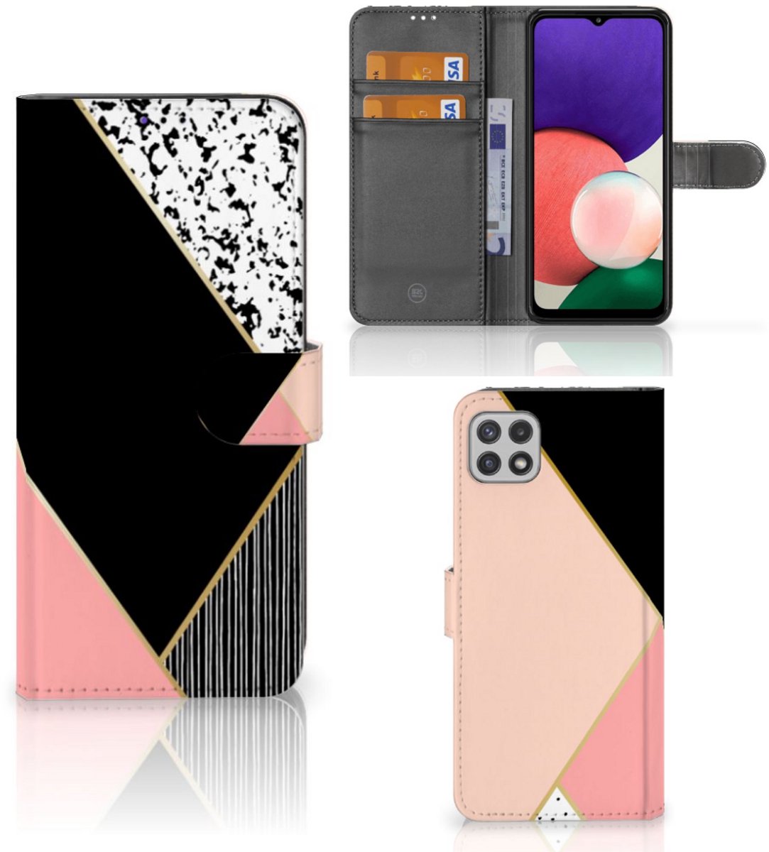 Samsung Galaxy A22 5G Book Case Zwart Roze Vormen