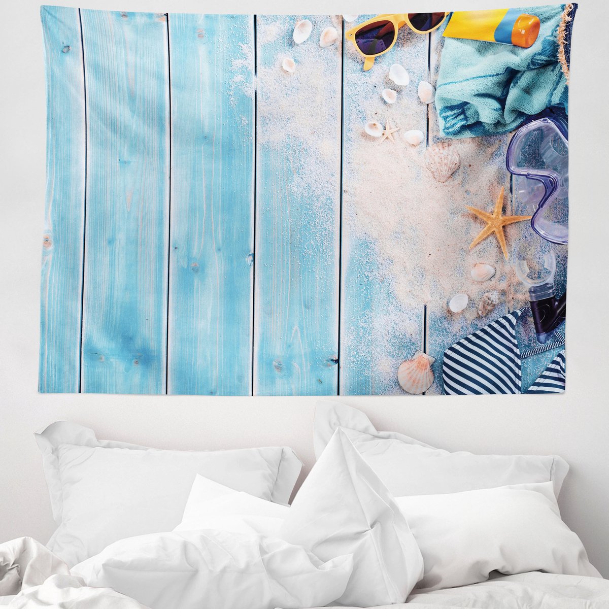 ABAKUHAUS maritiem wandtapijt, fotoprint met strandthema, 150 x 110 cm, hemelsblauw en veelkleurig