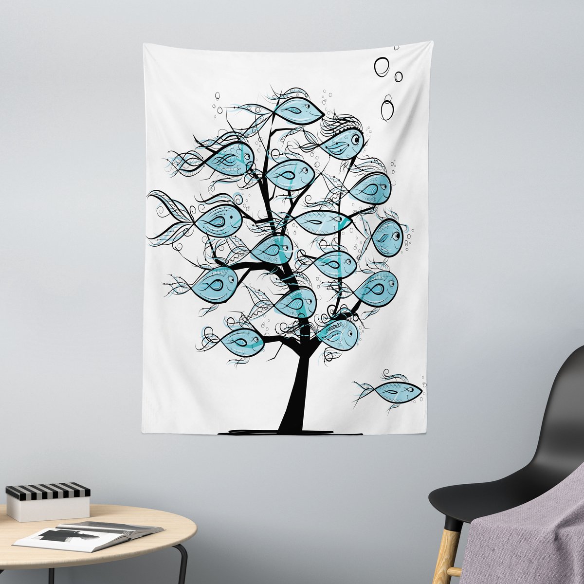 ABAKUHAUS Wandtapijt en Sprei met Vissenmotief, Zeedieren in een Boom, 110 x 150 cm, Blauw en Zwart