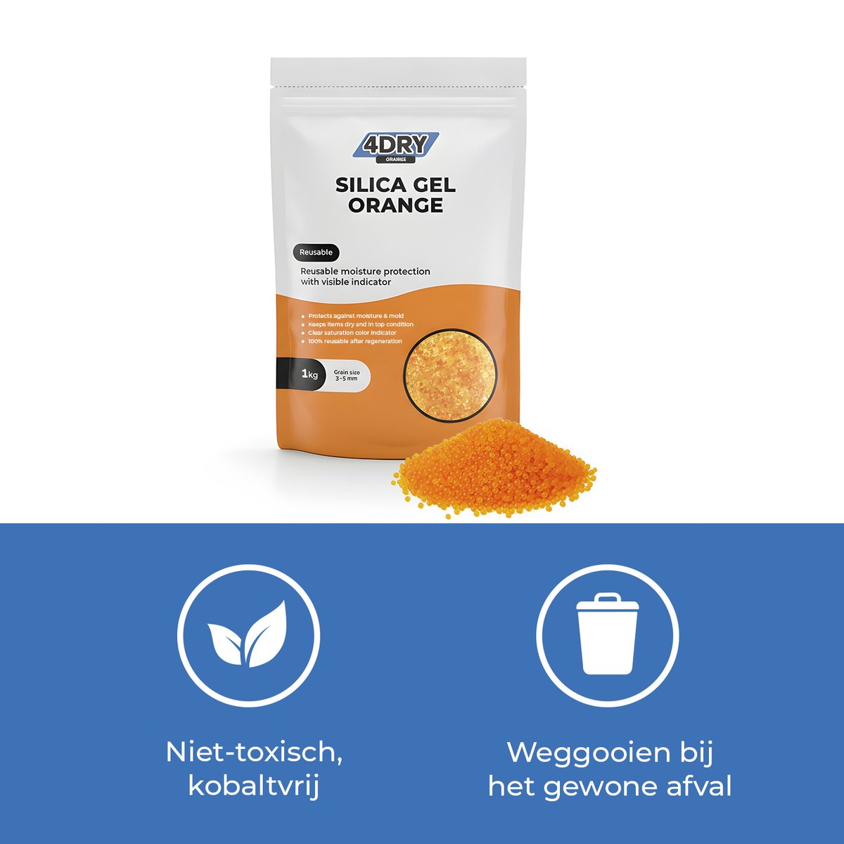 4DRY Orange Silica Gel | 2 kg | Hersluitbare zak | Silica Gel voor filamenten, elektronica, luchtfiltratie etc | Oranje 3 - 5 mm | Met indicator en herbruikbaar – foto 2