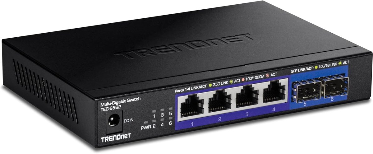 6-poorts multi-gigabit netwerk switch met 2 x 10G SFP+ poorten, ventilatorloos ontwerp en metalen behuizing