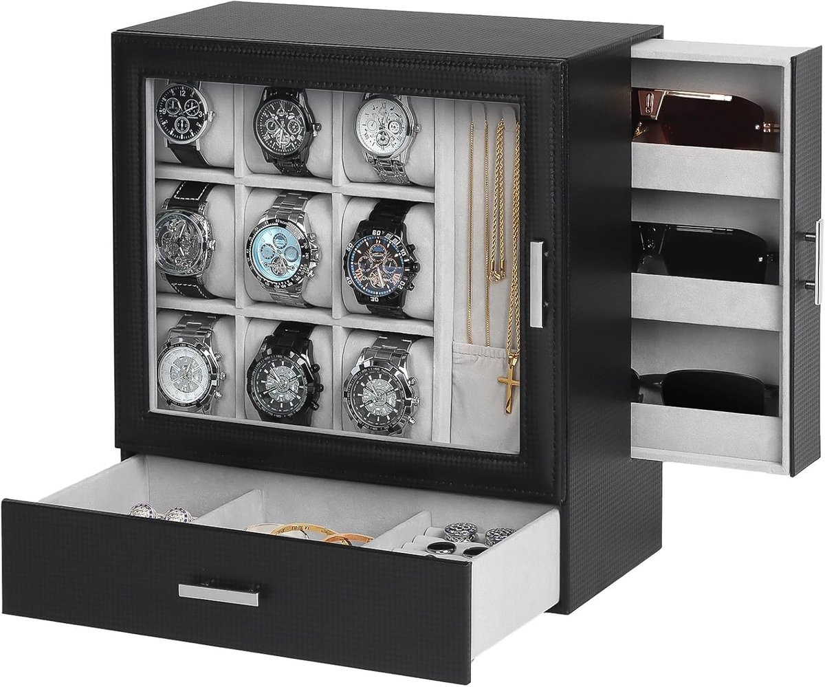 Luxe Horlogedoos met 9 Sleuven en Lade voor Heren - Verticale Sieradenopslag