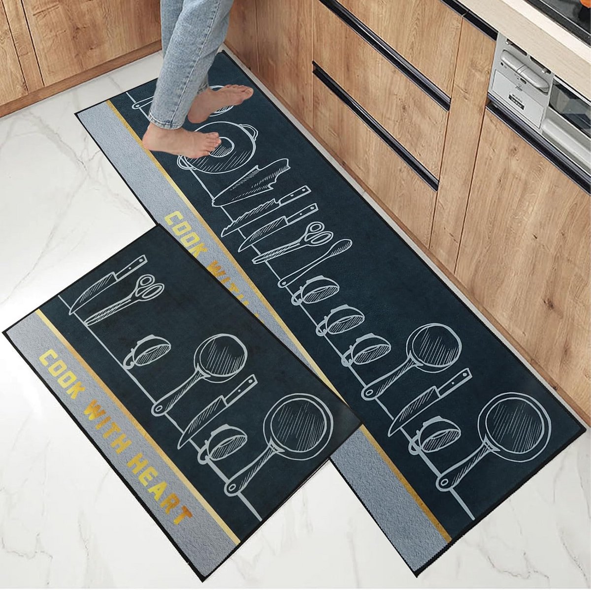 Anti-slip Keukenmatten Set van 2, Wasbare Keukentapijten 43 x 75 cm + 43 x 120 cm