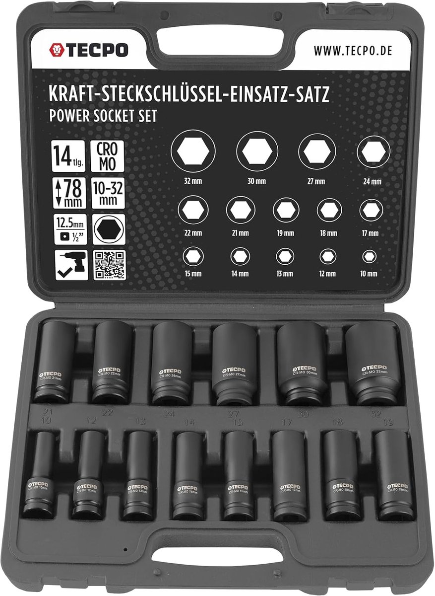 Kracht-Dopsleutelset 1/2 Inch voor Slagmoersleutels 10-32mm