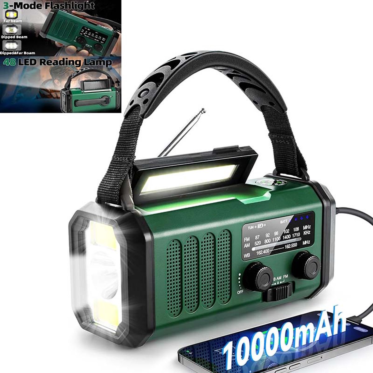 Zonne-energie Noodradio - Weerradio - Met Draagbare Batterij Van 10000mAh - AM/FM Zonne-energie Radio - Met Handschubber, Zaklamp, Kompas, SOS-waarschuwingslicht - Voor Buiten- En Binnen-kampeernoodsituaties (Groen)