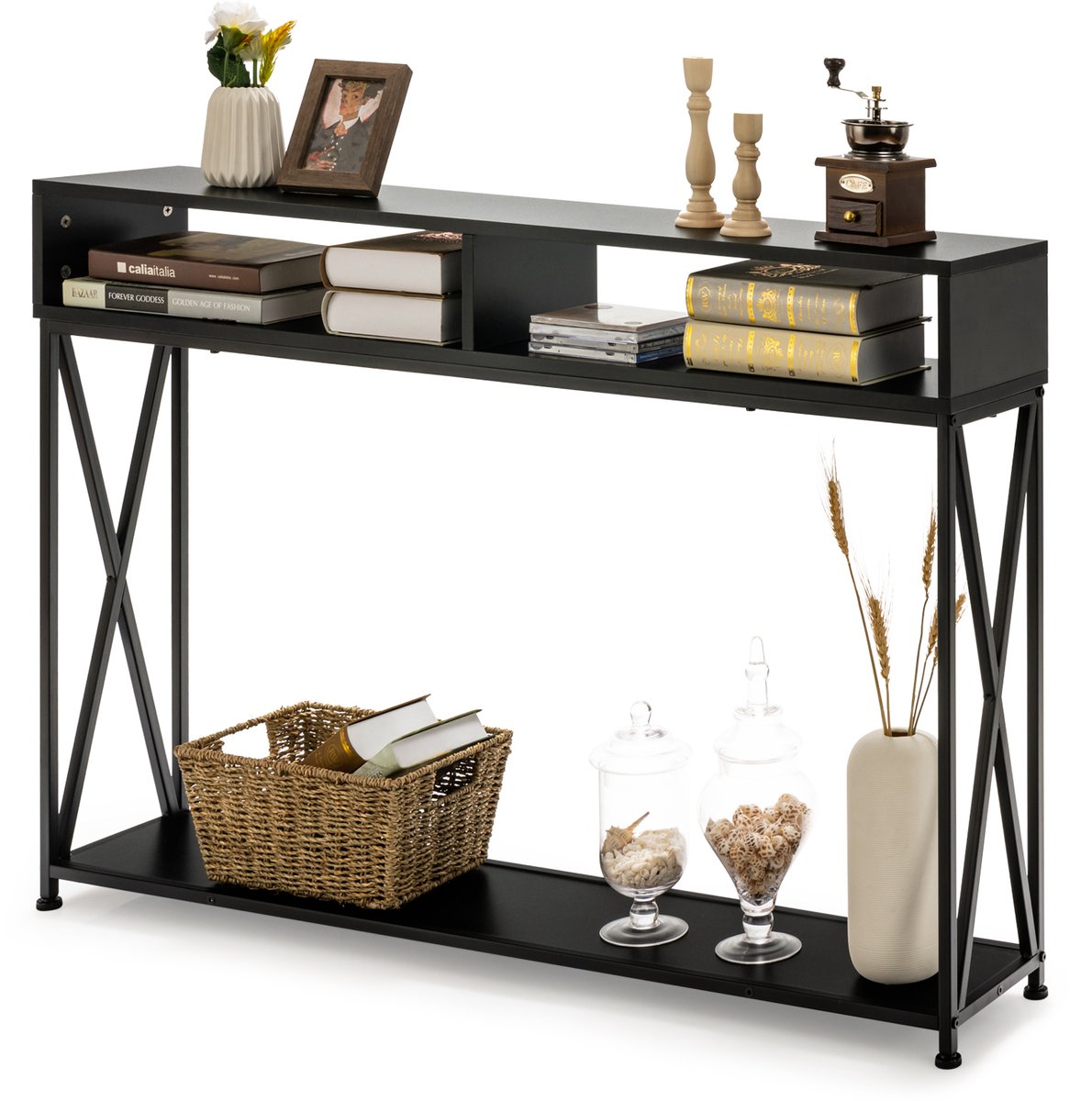 COSTWAY Consoletafel met 2 niveaus met open vakken, gangtafel van hout, staand rek, bijzettafel voor inkom, woonkamer en slaapkamer, 120 x 23 x 79 cm (zwart)