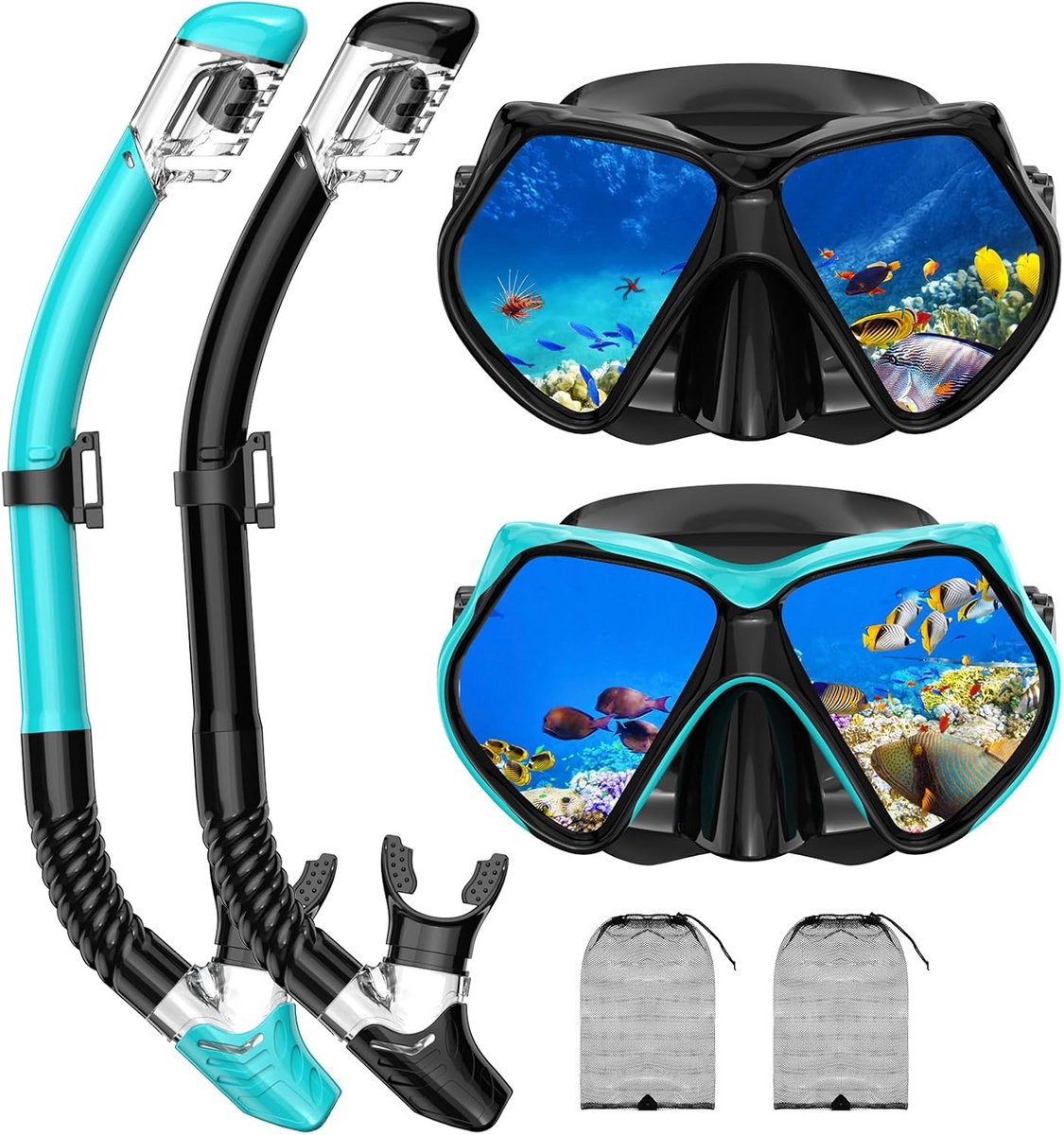 Complete Snorkelset Volwassenen met Droogademhalingssysteem en Panoramisch Anti-Condens Duikmasker