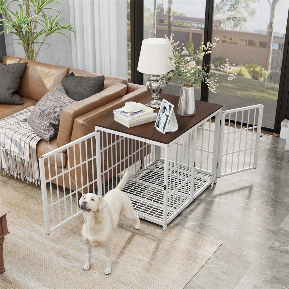 LeeuwenChoice® Grote Houten Honden Bench - Binnenmeubel - Ook Te Gebruiken Als Bijzettafel - Met 3 Deuren - Voor Extra Grote Honden - 108x71x81cm