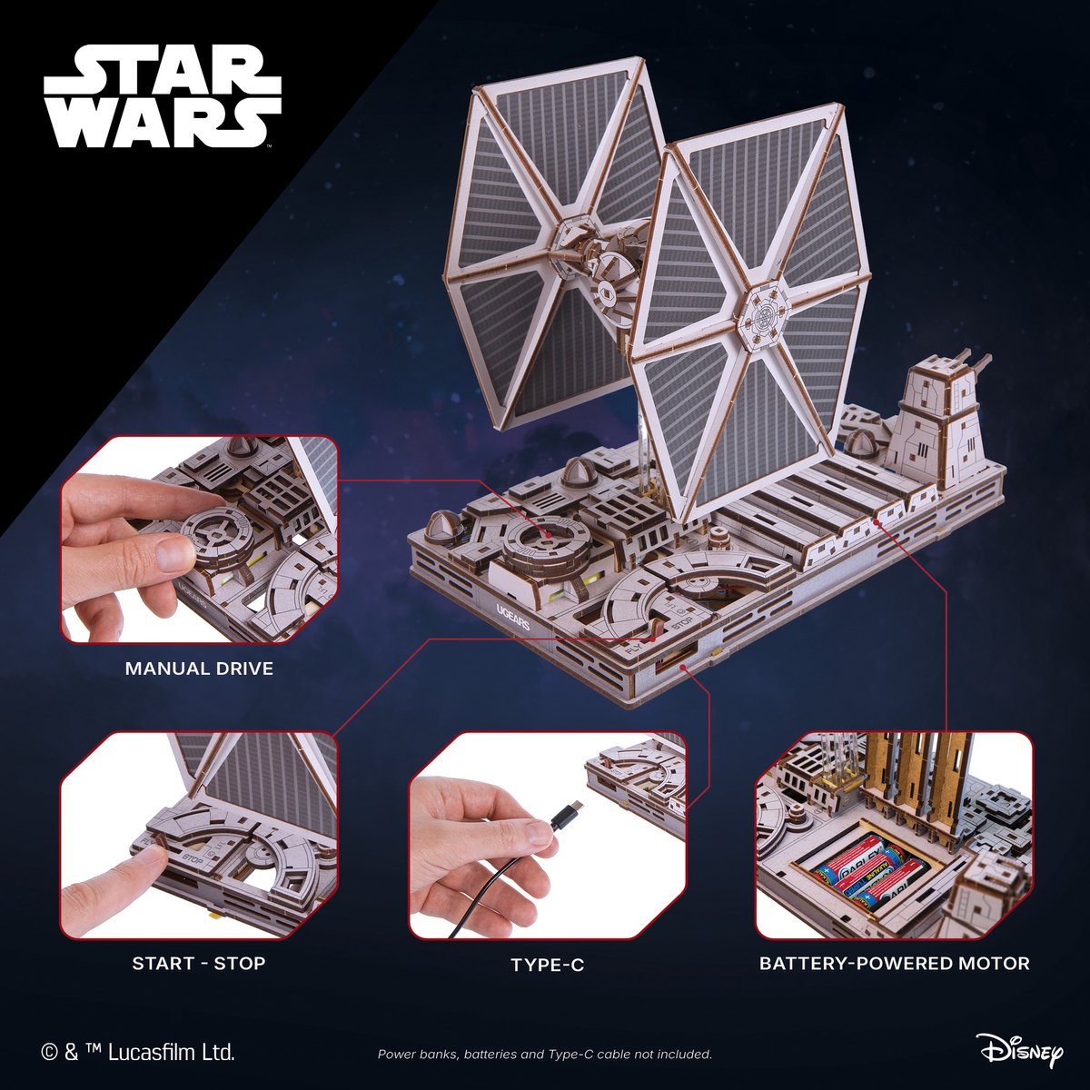 UGEARS 3D Modelbouw - Tie Fighter - Star Wars - Mechanisch Bouwpakket Hout - Educatief Speelgoed — afbeelding 16