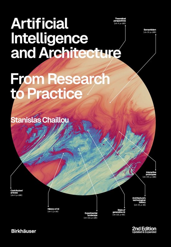 Boekomslag: 'Artificial Intelligence and Architecture' door Stanislas Chaillou, met een abstracte, kleurrijke cirkel met rode en blauwe wervelingen.