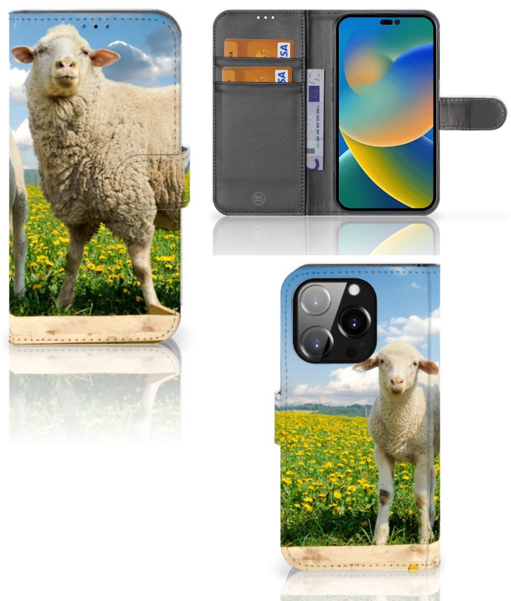 iPhone 14 Pro Telefoonhoesje met Pasjes Schaap en Lammetje