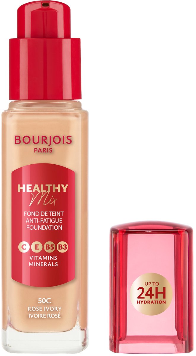 Bourjois Healthy Mix Anti-Fatigue Foundation | Voor een frisse, gezond ogende huid | Met mineralen en vitamine C, E, B3, B5 | Langhoudende, medium dekking | 50C Rose Ivory, 30 ml