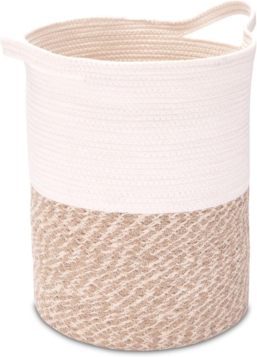 Grote ronde jute en katoenen wasmand met handgrepen - D30 cm