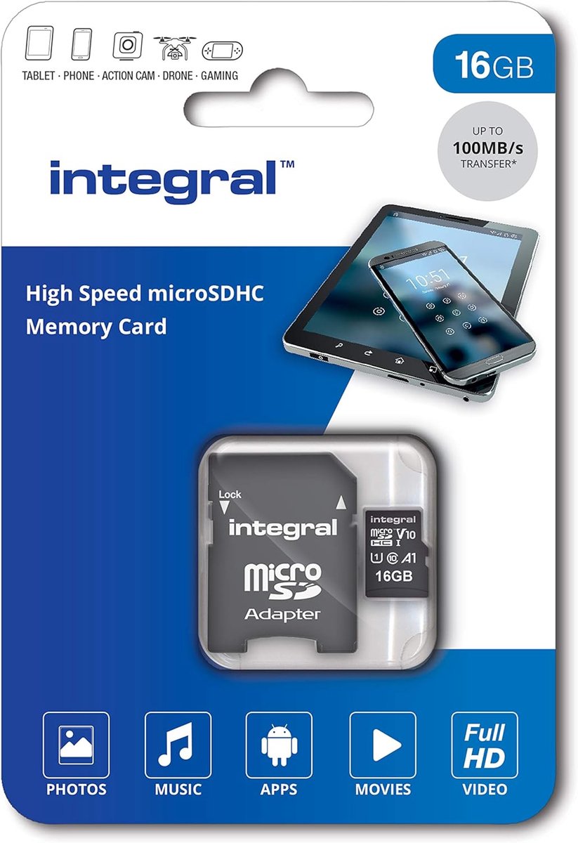 Geheugenkaart 16 GB microSDHC/XC 100 MB/s Klasse 10 UHS-I U1/V10 + Adapter