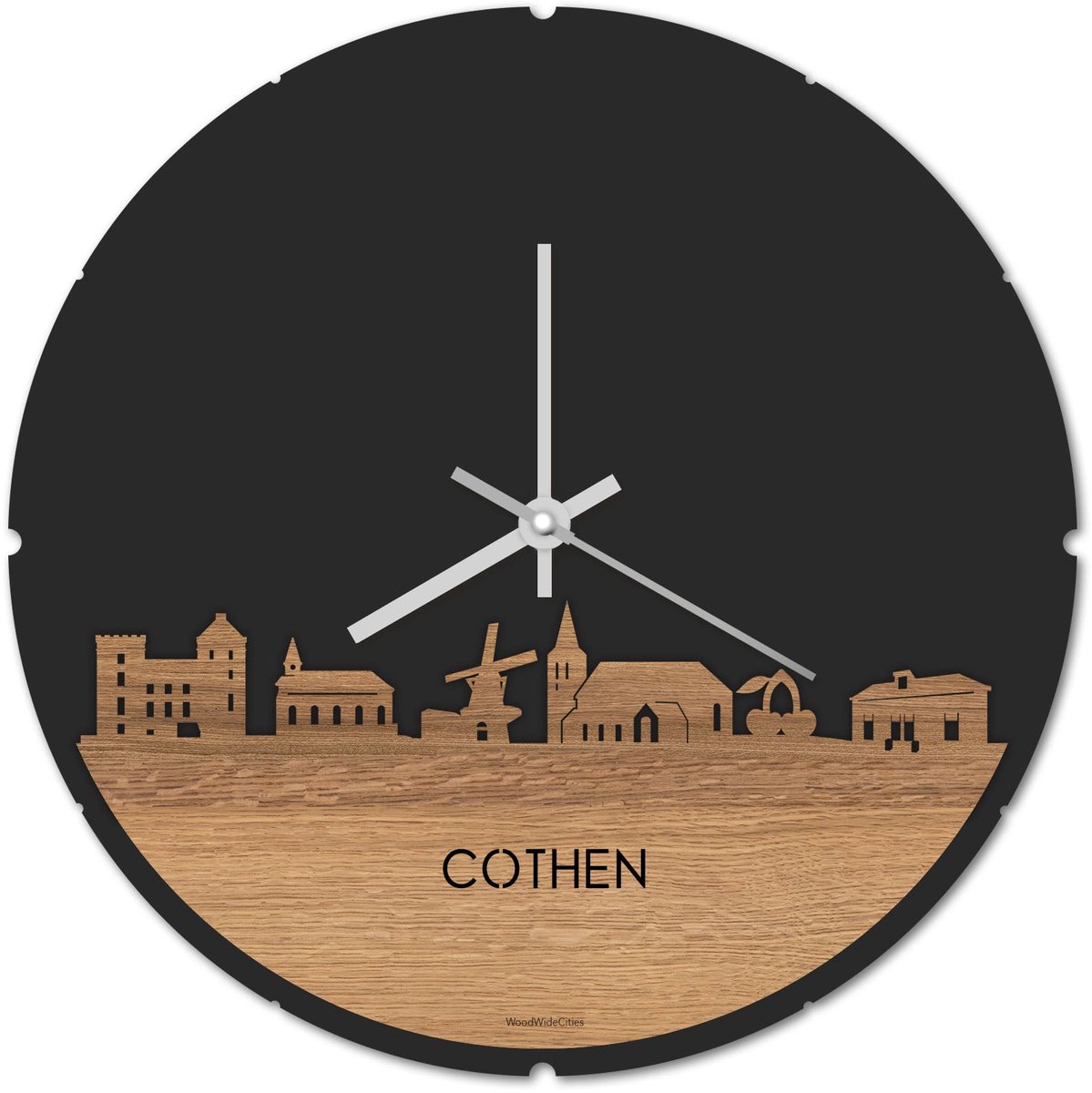 Skyline Klok Rond Cothen Eikenhout - Ø 44 cm - Stil uurwerk - Wanddecoratie - Meer steden beschikbaar - Woonkamer idee - Woondecoratie - City Art - Steden kunst - Cadeau voor hem - Cadeau voor haar - Jubileum - Trouwerij - Housewarming -