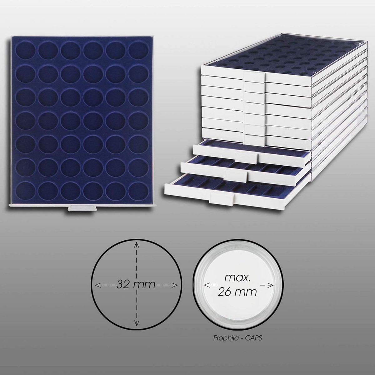 Muntalbum Casette Grijs met 42 Vakken voor 2 Euro in Capsule of Munten tot 32mm