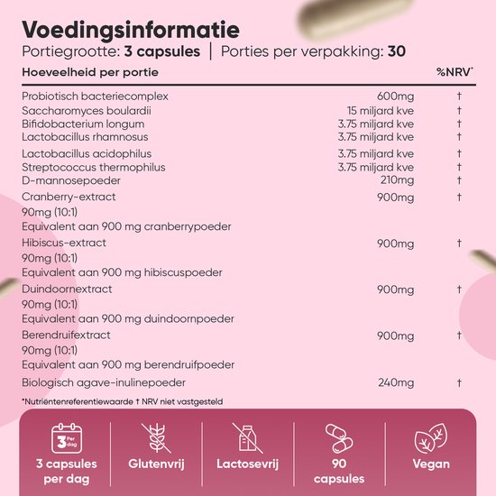 Tabel met voedingsinformatie voor 'Biotica voor vrouwen', met 3 capsules per dag, vegan, glutenvrij, lactosevrij, 90 capsules.