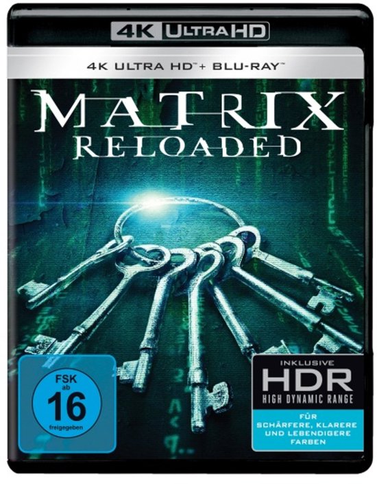 Matrix Reloaded 4K UHD Blu-ray-box met een sleutelbos en de FSK 16-rating.