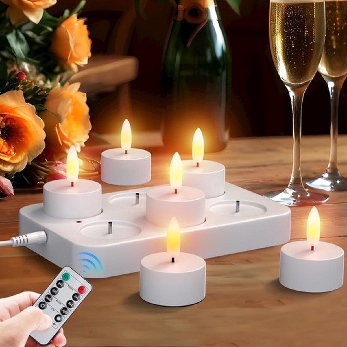 Pakket Van 6 LED-theelichtjes Met Timer, Oplaadbare Kaarsen, LED-theelichtje, Vlamloze Kaarsen, Flikkerend Kaarslicht, Nachtlampje, Elektrische Theelichtjes, Jeugdwijdingslantaarn, Tafellamp, Levend [Energieklasse D]